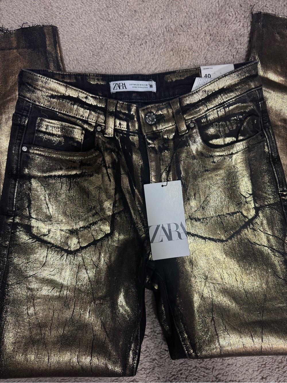 ZARA Metallic Gold Coated Skinny Jeans Size 8 NWT